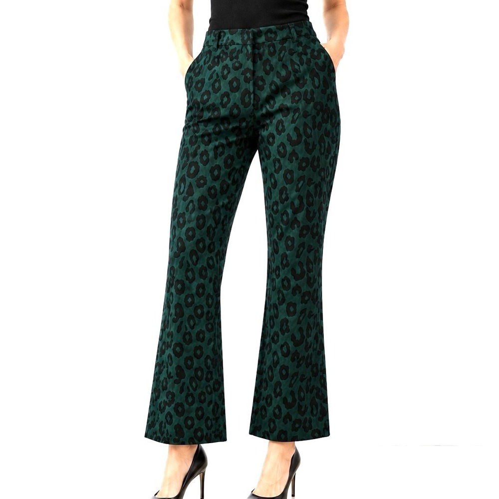 NWT Anine Bing Cindy Emerald Green Leopard Jacquard Slim Flare Pants Trousers XS